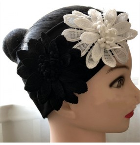 Women girls Latin Ballroom dance black and white flowers elastic hair band national standard dance hair band headdress headband accessories